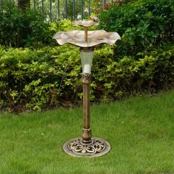 TeamsonUS Teamson Home Outdoor 2-Tier Polyresin Lotus Pedestal Birdbath With LED Light, Bronze