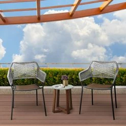 TeamsonUS Teamson Home Outdoor 3-Piece Stackable Patio Set With Two Rope Eucalyptus Chairs And Bistro Table Set, Gray