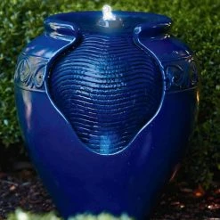 TeamsonUS Teamson Home Outdoor Glazed Pot Floor Fountain With LED Lights, Royal Blue