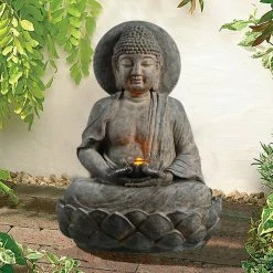 TeamsonUS Teamson Home Buddha Outdoor Waterfall Fountain With LED Lights, Gray