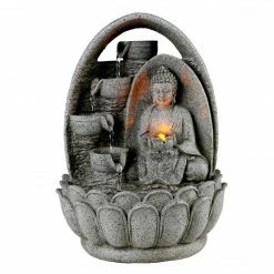 TeamsonUS Teamson Home 4-Tiered Buddha Tabletop Waterfall Fountain With LED Lights, Gray