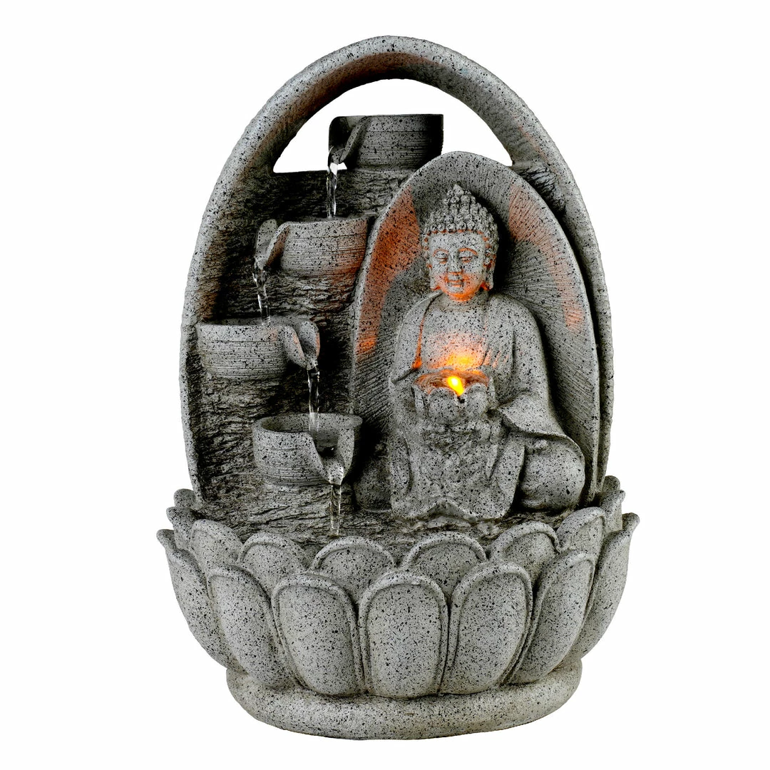 TeamsonUS Teamson Home 4-Tiered Buddha Tabletop Waterfall Fountain With LED Lights, Gray