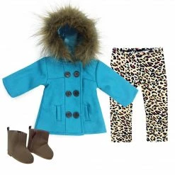 TeamsonUS Sophia's 3 Piece Winter Set Includes Fur Trimmed Pea Coat, Animal Print Leggings And Boots For 18
