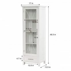 TeamsonUS Teamson Home Delaney Free Standing Tall Slim Linen Storage Cabinet Tower With Glass Panel Door