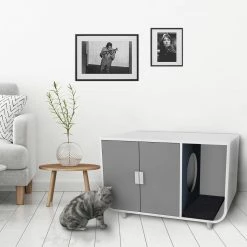 TeamsonUS Teamson Pets Large Dyad Wooden Cat Litter Box Enclosure And Side Table, Alpine White/Gray