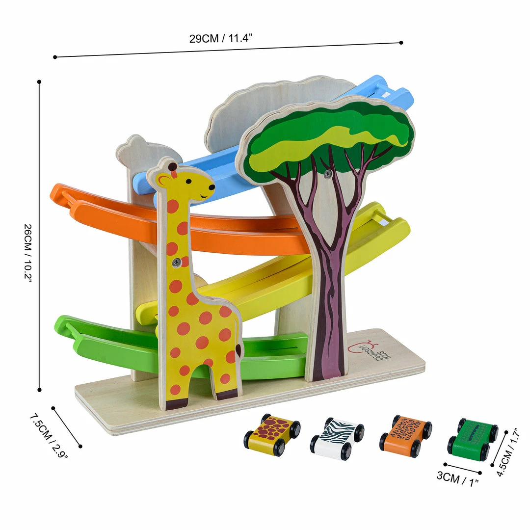 TeamsonUS Teamson Kids Preschool Play Lab Wooden Safari Ramp Racer With Animal Print Cars, Multicolor