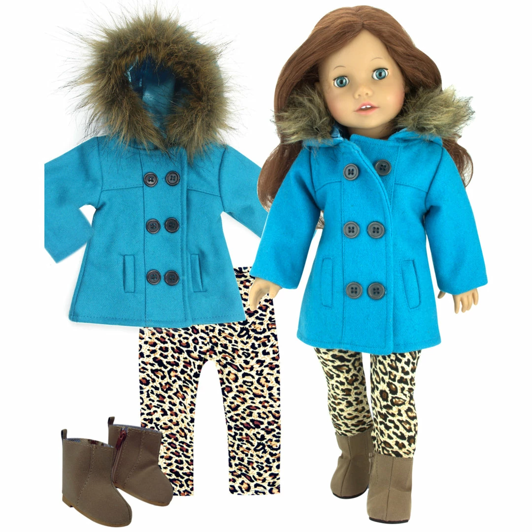 TeamsonUS Sophia's 3 Piece Winter Set Includes Fur Trimmed Pea Coat, Animal Print Leggings And Boots For 18" Dolls, Turquoise/Brown