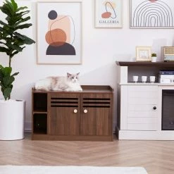 TeamsonUS Teamson Pets Robin Vented Wooden Cat Litter Box Enclosure Storage Bench, Mocha