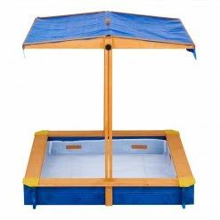 TeamsonUS Teamson Kids 4' Square Solid Wood Sandbox With Rotatable Canopy Cover, Honey/Blue