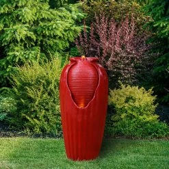 TeamsonUS Teamson Home Indoor/Outdoor Contemporary Glazed Contoured Vase Water Fountain With LED Lights, Red