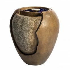 TeamsonUS Teamson Home Large Outdoor Water Fountain Pot With Fire Pit And Fire Glass, Brown New