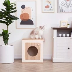 TeamsonUS Teamson Pets Daisy Two Tone Wooden Cat Litter Box Enclosure Side Table, Tan