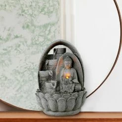 TeamsonUS Teamson Home 4-Tiered Buddha Tabletop Waterfall Fountain With LED Lights, Gray