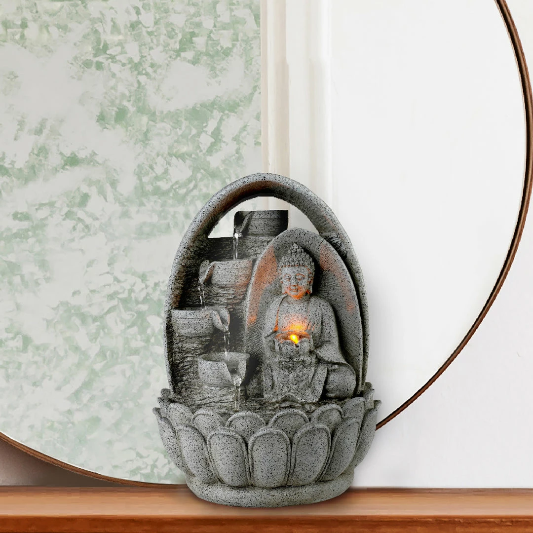 TeamsonUS Teamson Home 4-Tiered Buddha Tabletop Waterfall Fountain With LED Lights, Gray