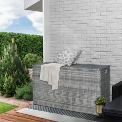 TeamsonUS Teamson Home Wicker 154 Gallon Outdoor Deck Box For Cushions Or Pool Accessory Storage, Gray New
