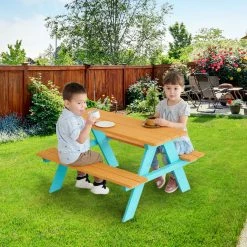 TeamsonUS Teamson Kids Child Sized Wooden Outdoor Picnic Table, Warm Honey/Aqua