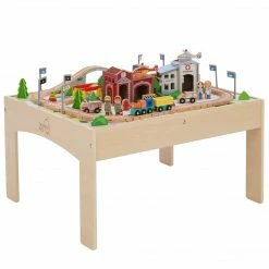 TeamsonUS Teamson Kids Preschool Play Lab Toys Wooden Table With 85-pc Train And Town Set, Natural