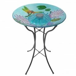 TeamsonUS Teamson Home 18" Outdoor Solar Glass Dragonfly Birdbath With LED Lights And Stand, Multicolor