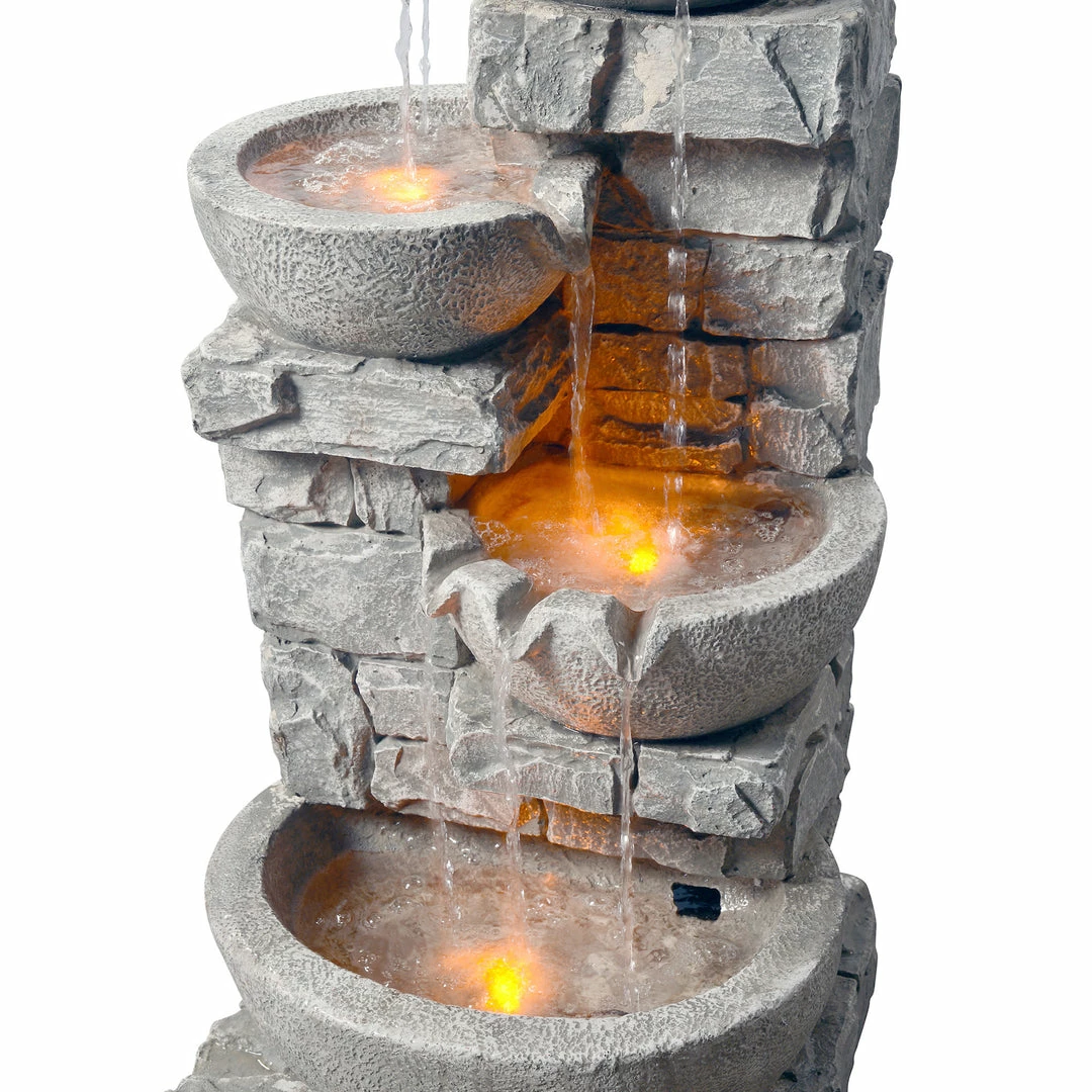 TeamsonUS Teamson Home Stacked Stone Tiered Bowl Waterfall Fountain W/ LED Light, Gray