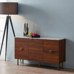 TeamsonUS Teamson Home Ashton Rectangular Wood Sideboard With Marble-Look Top And Metal Legs, Marble/Walnut