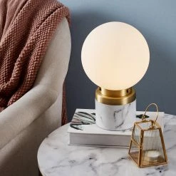 TeamsonUS Teamson Home Claire 12" Table Lamp With Marble Base And White Sphere Shade, Marble/Brass