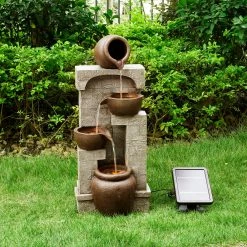 TeamsonUS Teamson Home Solar Powered 4-Tier Cascading Bowls Water Fountain With LED Lights, Brown