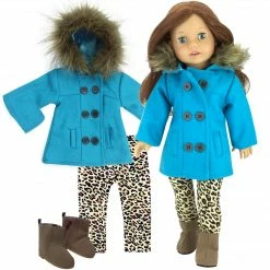 TeamsonUS Sophia's 3 Piece Winter Set Includes Fur Trimmed Pea Coat, Animal Print Leggings And Boots For 18