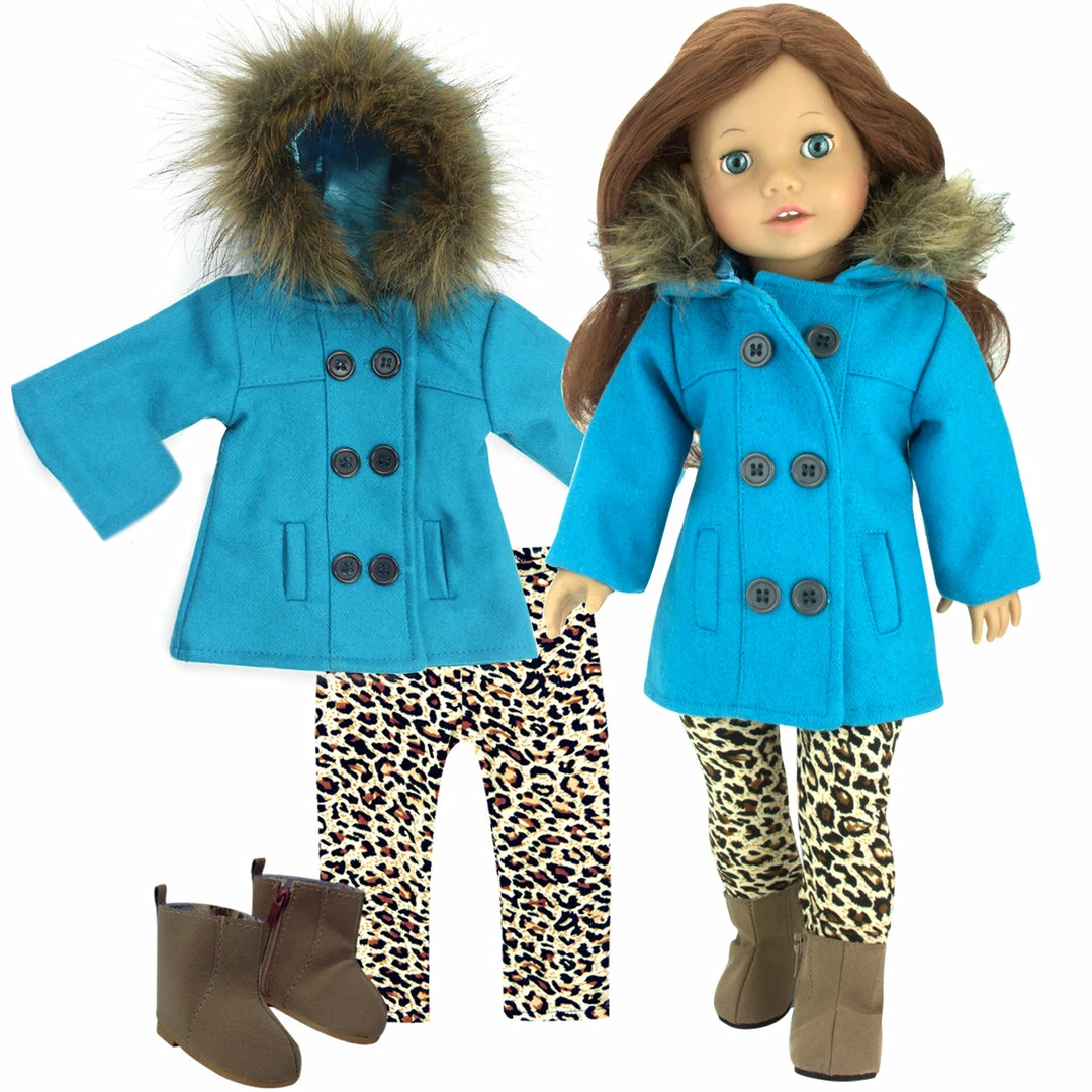 TeamsonUS Sophia's 3 Piece Winter Set Includes Fur Trimmed Pea Coat, Animal Print Leggings And Boots For 18" Dolls, Turquoise/Brown