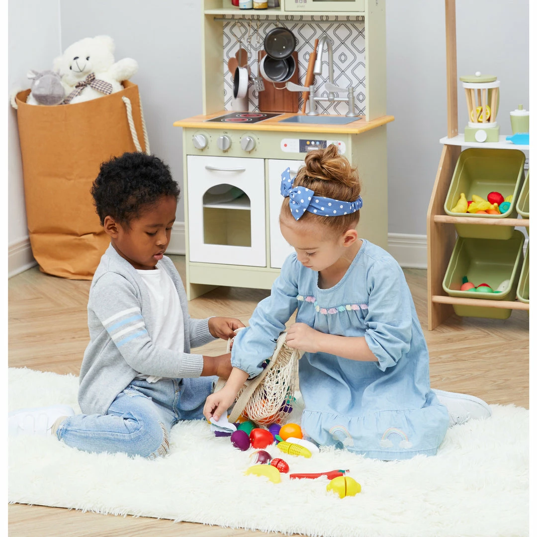 TeamsonUS Teamson Kids Little Chef Frankfurt 21 Piece Wooden Produce Shopping Bag Set With Pretend Fruit And Vegetables, Multicolor