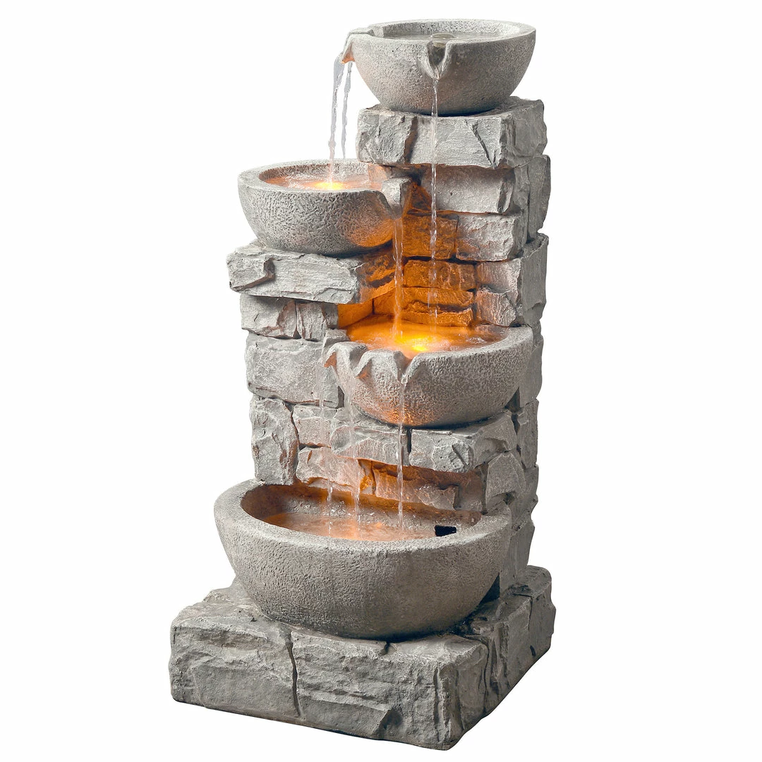 TeamsonUS Teamson Home Stacked Stone Tiered Bowl Waterfall Fountain W/ LED Light, Gray