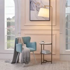 TeamsonUS Teamson Home Lilah Floor Lamp With Faux Marble Tray Table And Built-In USB Port, White/Brass