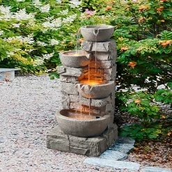 TeamsonUS Teamson Home Stacked Stone Tiered Bowl Waterfall Fountain W/ LED Light, Gray