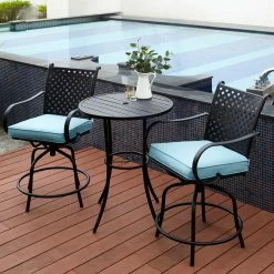 TeamsonUS Teamson Home Outdoor 3 Piece Steel Bar Height Bistro Table And Swivel Chairs With Cushions Set, Black