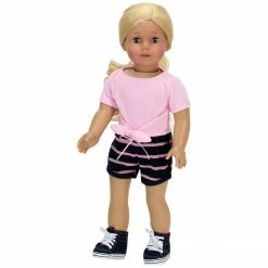 TeamsonUS Sophia's 2 Piece Summer Outfit With Tie Front Tee And Striped Shorts For 18" Dolls, Pink/Navy Kids