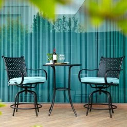 TeamsonUS Teamson Home Outdoor 3 Piece Steel Bar Height Bistro Table And Swivel Chairs With Cushions Set, Black