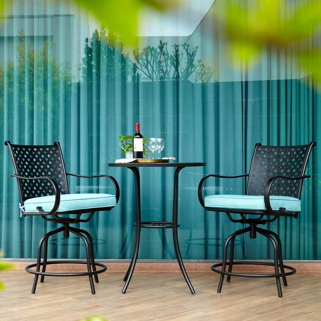 TeamsonUS Teamson Home Outdoor 3 Piece Steel Bar Height Bistro Table And Swivel Chairs With Cushions Set, Black