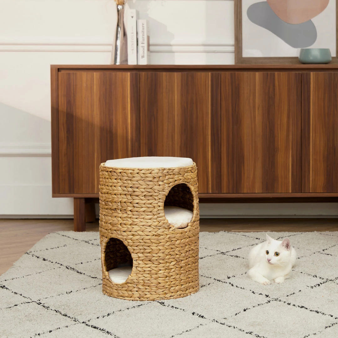 TeamsonUS Teamson Pets Neith Wicker Seagrass 3-Tier Cat Bed Condo With Cushions, Tan/Cream