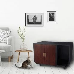 TeamsonUS Teamson Pets Large Dyad Wooden Cat Litter Box Enclosure And Side Table, Mocha Walnut