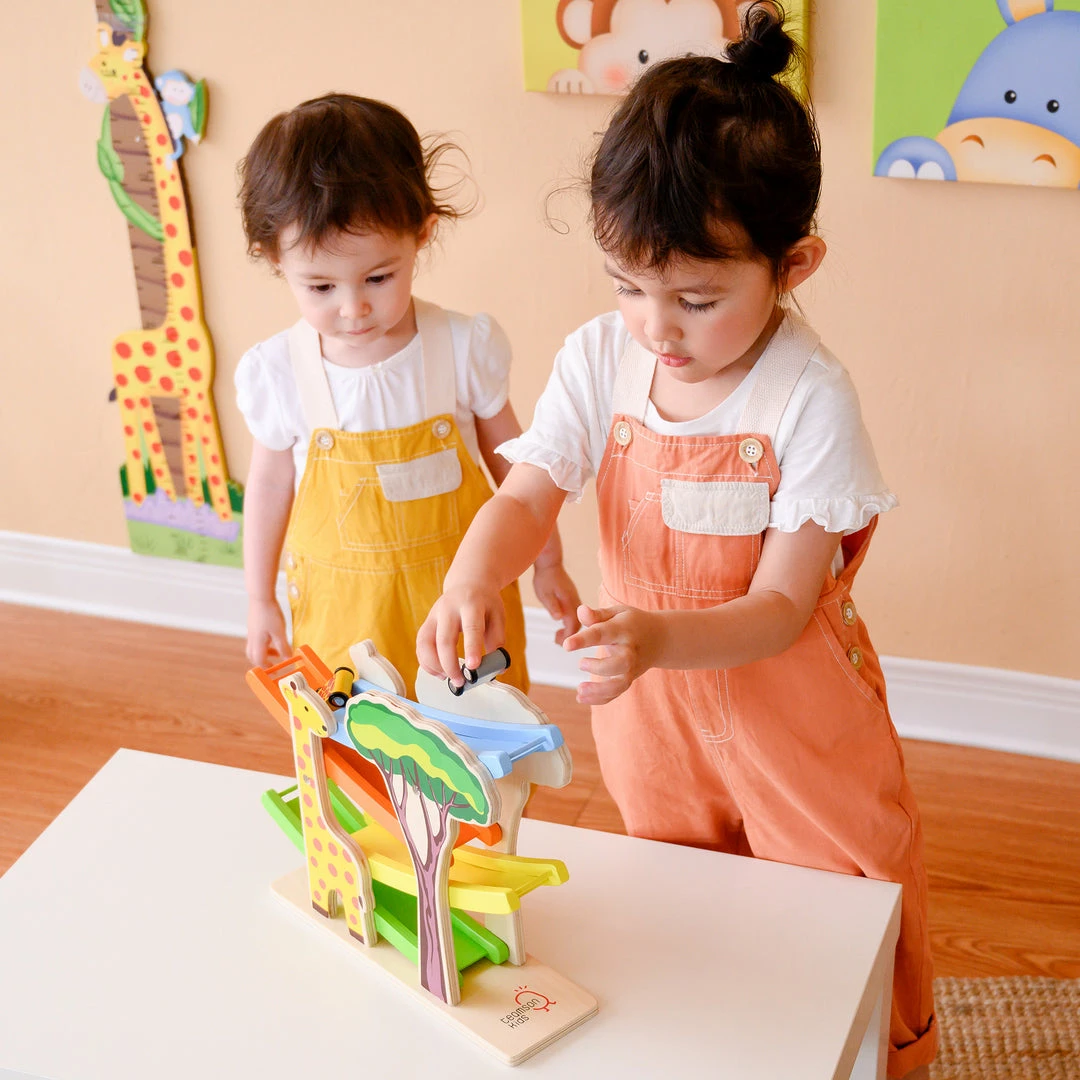 TeamsonUS Teamson Kids Preschool Play Lab Wooden Safari Ramp Racer With Animal Print Cars, Multicolor