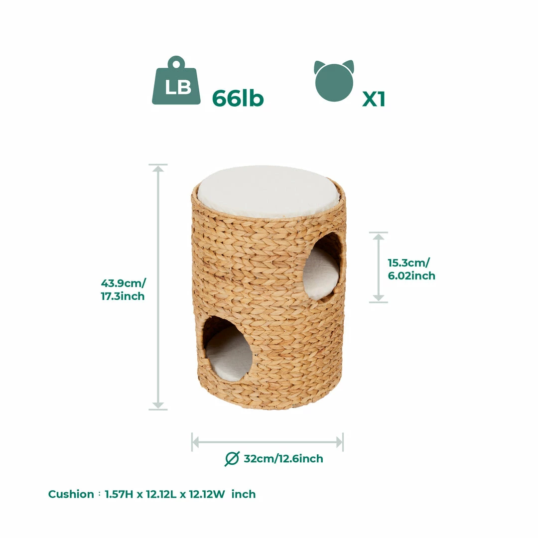 TeamsonUS Teamson Pets Neith Wicker Seagrass 3-Tier Cat Bed Condo With Cushions, Tan/Cream