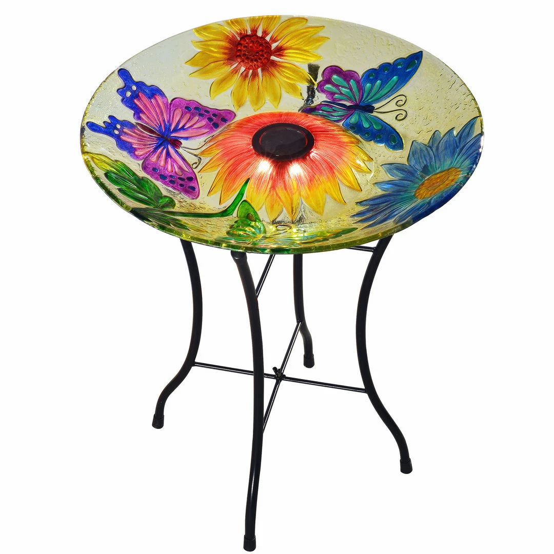 TeamsonUS Teamson Home Outdoor 18" Hand Painted Butterfly Fusion Glass Solar Bird Bath W/ Stand