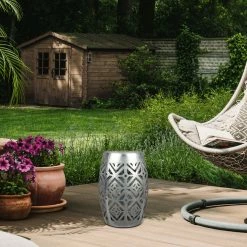 TeamsonUS Teamson Home Decorative Outdoor Side Table Planter Stand With Solar Powered LED Light, Silver New