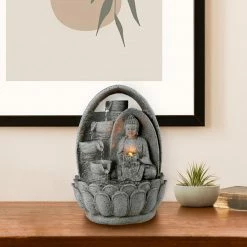 TeamsonUS Teamson Home 4-Tiered Buddha Tabletop Waterfall Fountain With LED Lights, Gray