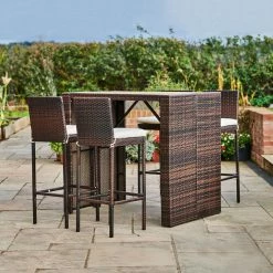 TeamsonUS New Teamson Home 5 Pc Outdoor Wicker Dining Set With Acacia Tabletop And Cushions, Brown