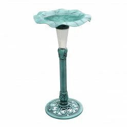 TeamsonUS Teamson Home Decorative Polyresin Lotus Leaf Pedestal Birdbath With LED Light, Green