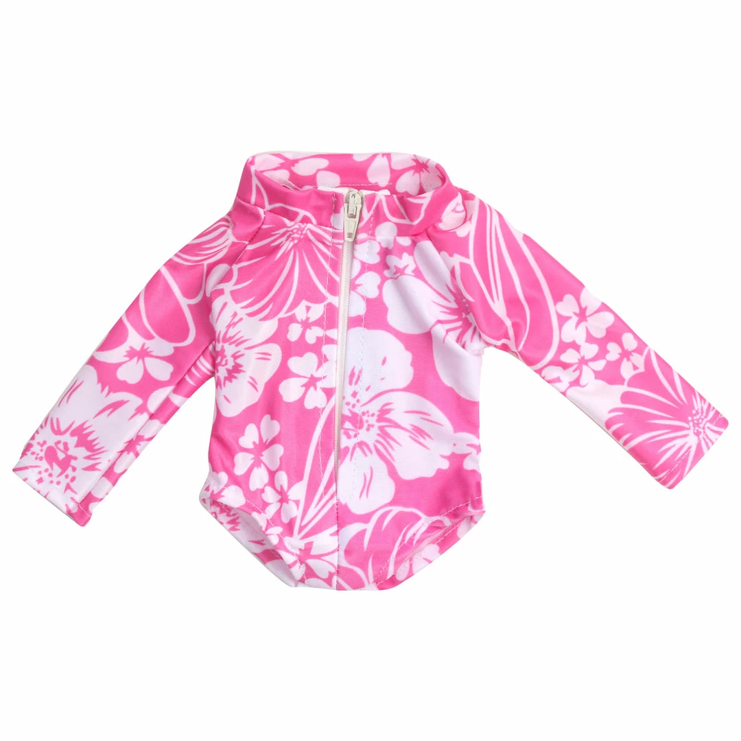 TeamsonUS Kids Sophia's Hawaiian Print Long Sleeve Rash Guard Swimsuit For 18" Dolls, Hot Pink