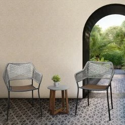 TeamsonUS Teamson Home Outdoor 3-Piece Stackable Patio Set With Two Rope Eucalyptus Chairs And Bistro Table Set, Gray