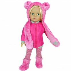TeamsonUS Sophia's 4 Piece Winter Outfit With Bear Fur Hat Set For 18'' Dolls, Hot Pink Kids