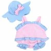 TeamsonUS Sophia's Gingham Romper Outfit And Hat Set For 15'' Dolls, Pink/Blue
