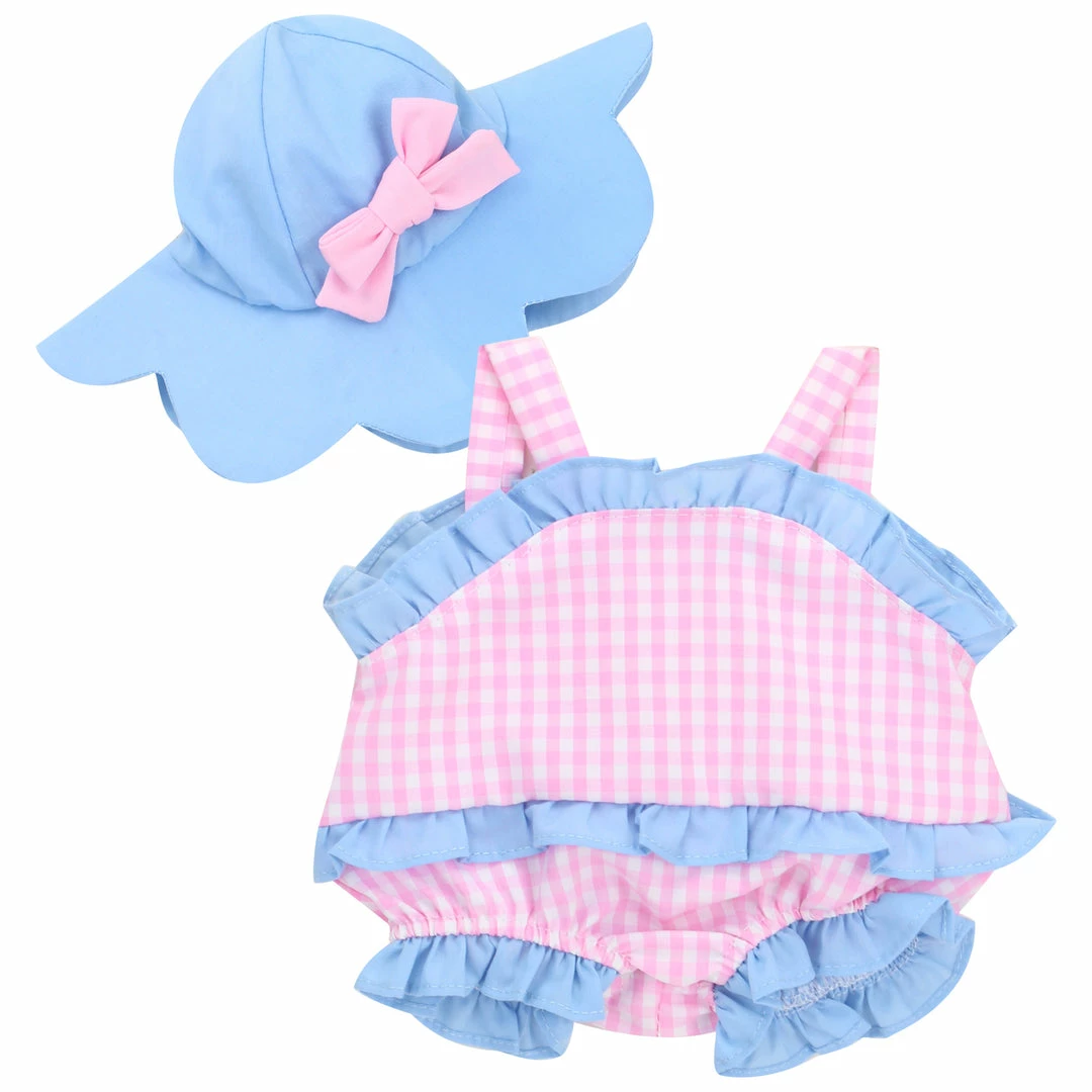 TeamsonUS Sophia's Gingham Romper Outfit And Hat Set For 15'' Dolls, Pink/Blue
